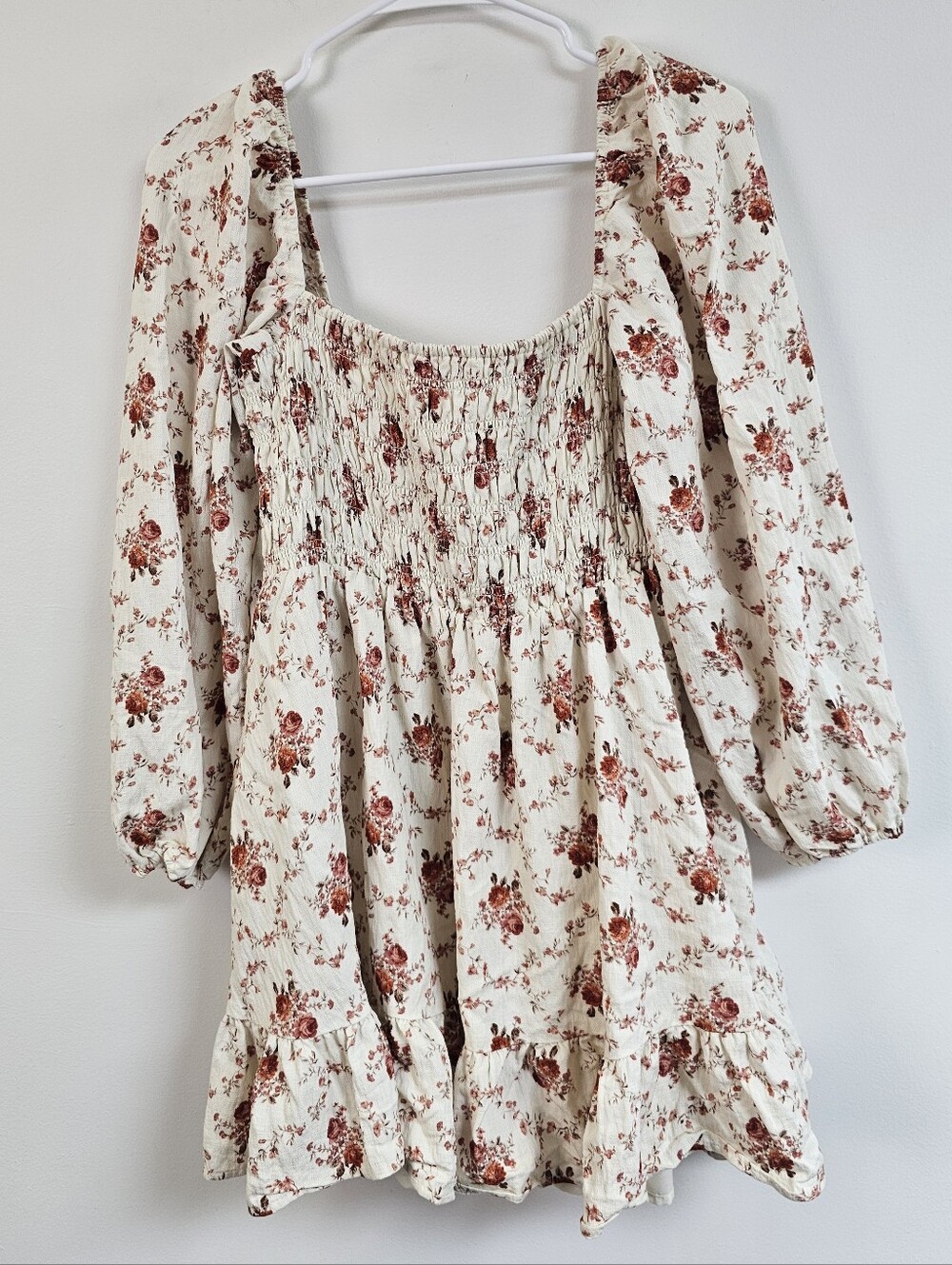 Altar'd State Smocked Rust Floral Feminine Mini Swing Dress Long Puff Sleeve